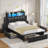 PU Upholstered Bed Frame with  Storage Drawers & RGB Bookcase Headboard,  Charging Station-642687624-616361917