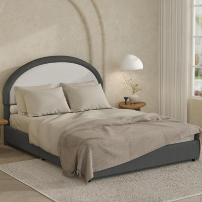 Boucle Upholstered Platform Bed Frame with Headboard - Soft Rounded Corner Design, Modern Bedroom Furniture