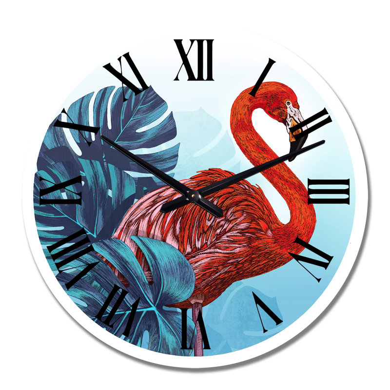 Horloge murale traditionnelle flamant rose foncé avec feuilles tropicales sur fond bleu, Moyen