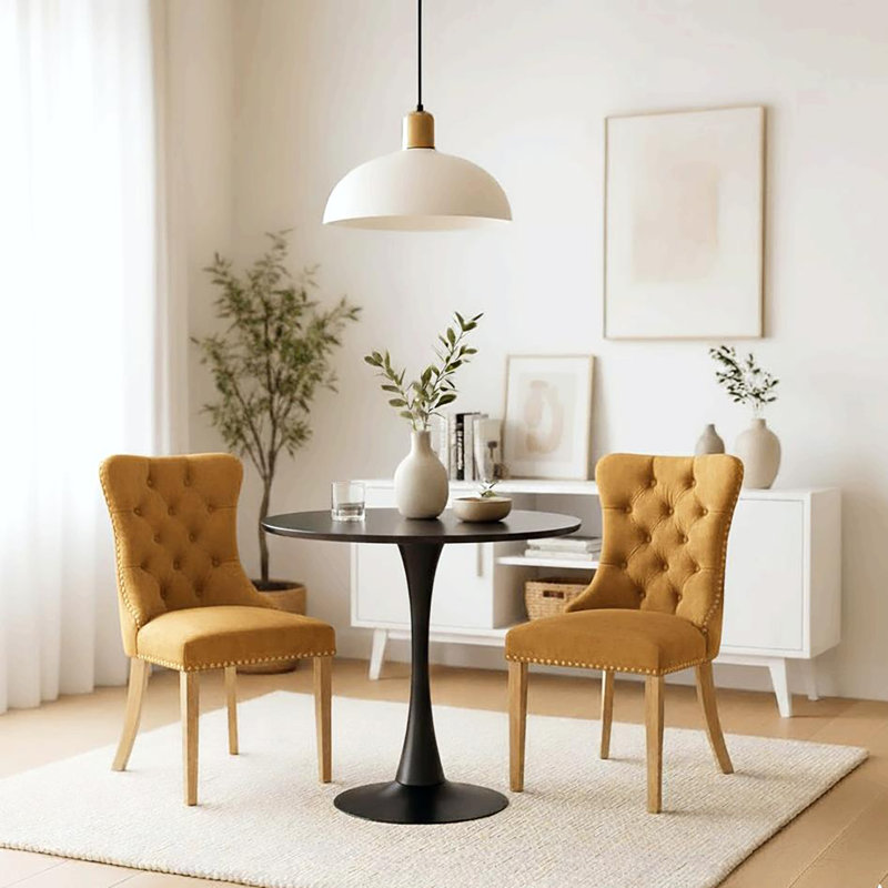 Dining Table Set,  24" Round Dining Table And 2 Velvet Dining Chairs With Gold-plated Legs, Black, Gold