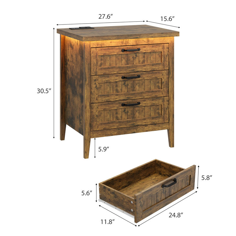 Farmhouse Drawer Dresser with Charging Station & LED Lights, Slim Wooden Bedroom Dresser, Brown/3 draws