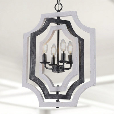 4-Light Farmhouse DIY Shape Pendant Light, Adjustable Height Chandelier, Wood Grain Ceiling Light For Dining Room Kitchen