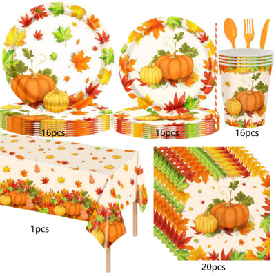 Fall Maple Leaf Pumpkin Thanksgiving Fall Theme Disposable Paper Plates Tablecloth Paper Towels Party Set Decoration Supplies