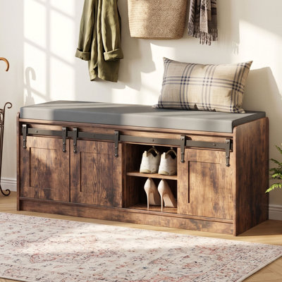 42" Entryway Shoe Storage Bench with Cushion, Sliding Barn Door Cabinet & Adjustable Shelves