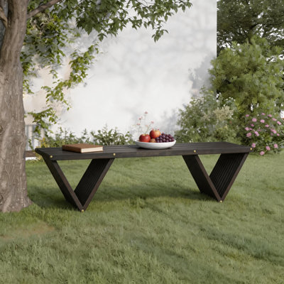 Modern Dark Acacia Wood Patio Bench, Geometric Slatted Outdoor Dining Bench