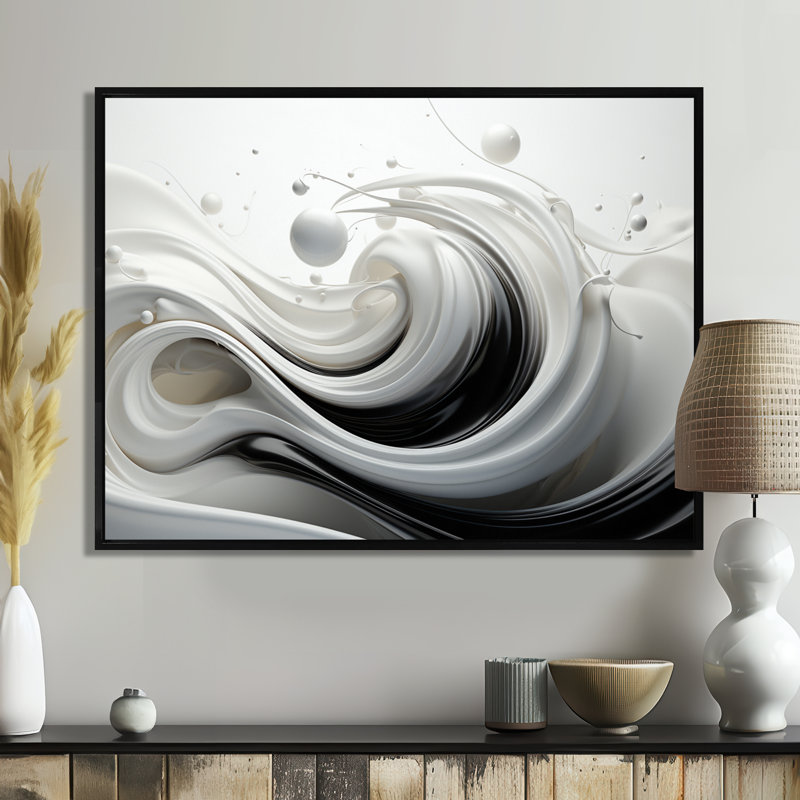Liquide «Bliss» tourbillonnant noir et blanc I - spirales abstraites, décoration murale, Toile avec cadre flottant noir