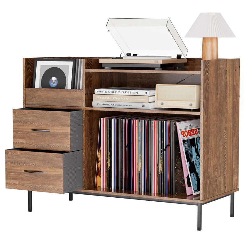 Record Player Stand with Storage for 500+ Albums, Mid-Century Modern Turntable Shelf & Drawers  Sturdy Wood & Metal Audio Console for Living Room