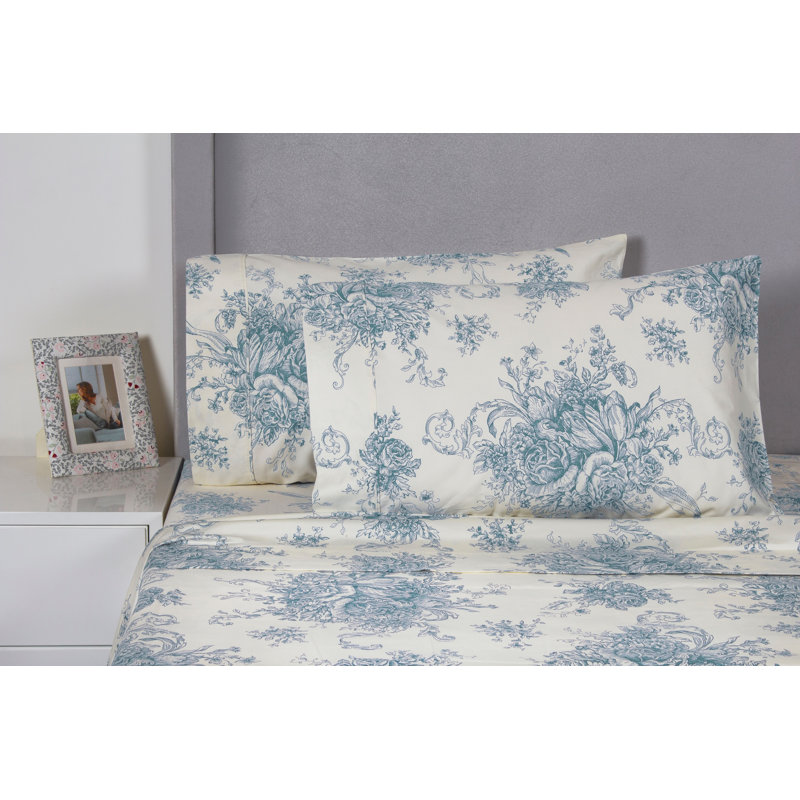 Benedictine 100% Cotton Toile Sheet Set, Twin, Light Blue
