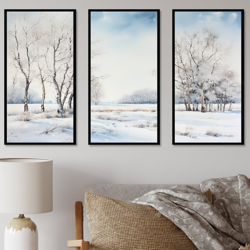 Neige, hiver, minimalisme, paysage I - ensemble d'art mural neige, Cadre flottant noir, H 40 po x l 60 po x P 1 po