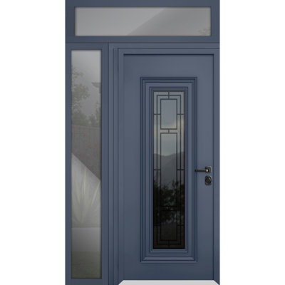Porte d'entrée extérieure prémontée en acier Ballucio 6044 Gris Graphite, fenêtres latérales et supérieures extérieures, inserts en acier inoxydable, style moderne, peinte, dimensions : L 91,4 cm + 35,6 cm x H 203,2 cm + 40,6 cm, ouverture gauche vers l'intérieur