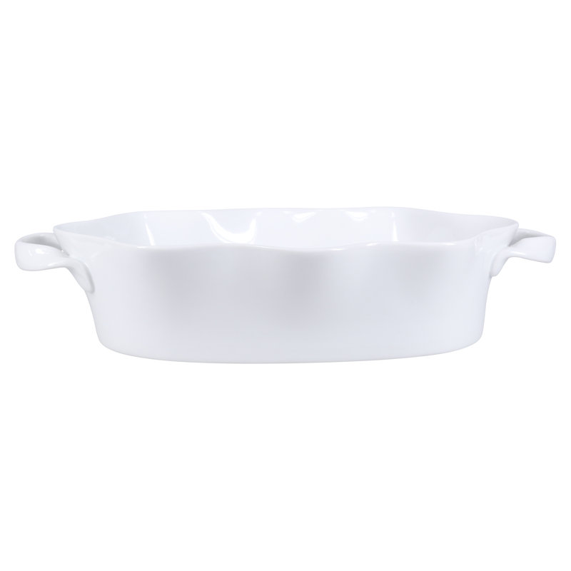 White Ceramic Wavy Oval Baker, 14.5 Inches