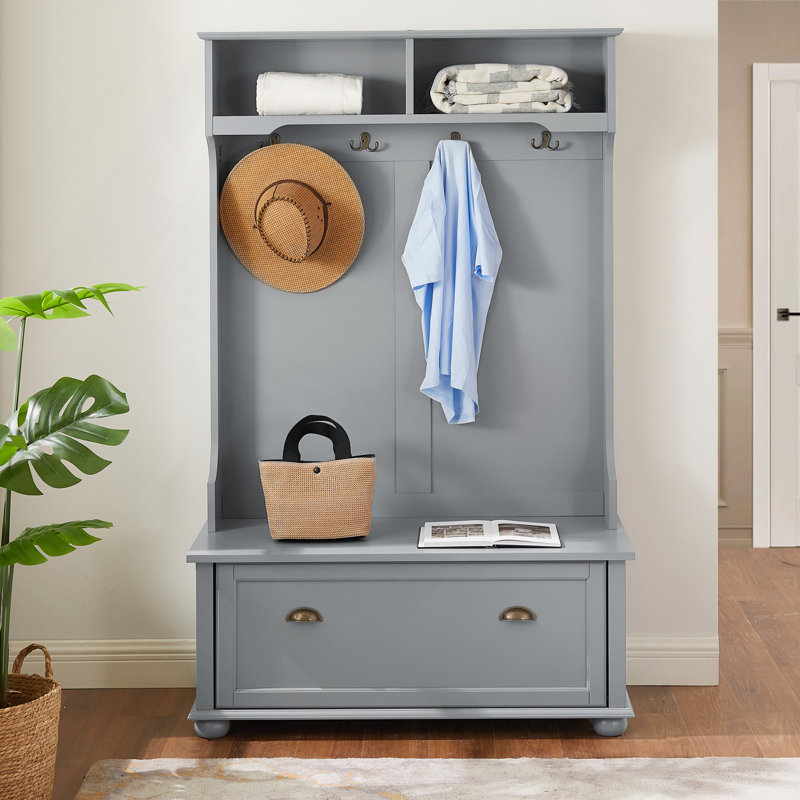 Classic Hall Tree With Shoe Rack Bench And Coat Hooks For Hanging Storage, Entryway Bench With Open Shelves And Shoe Cabinets 40.16"W*18.58"D*64.17"H