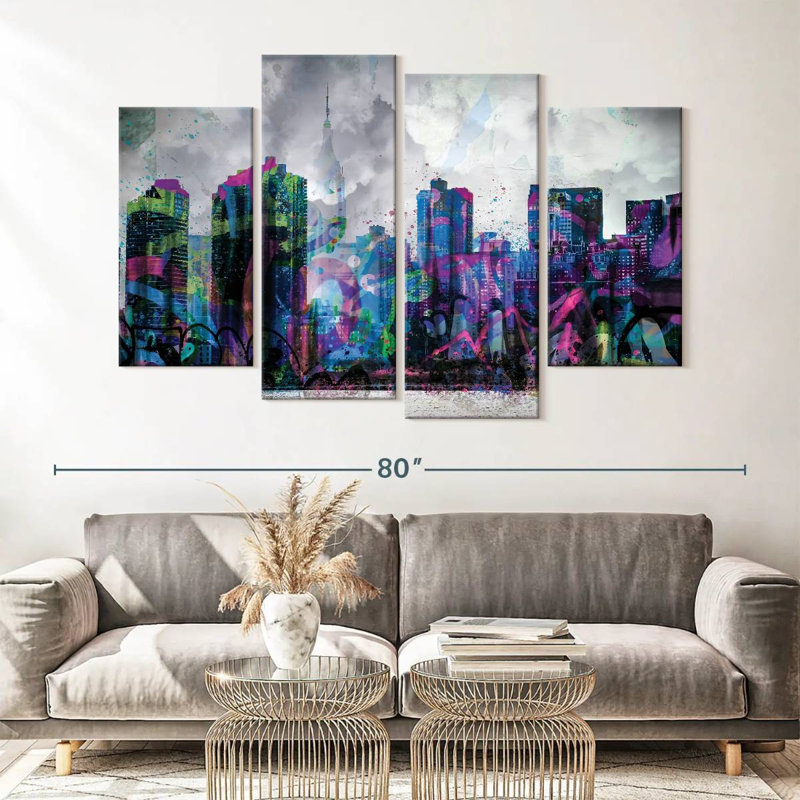 «New York City Graffiti Overcast New York», reproduction sur toile 4 pièces par Harper D., H 42 po x l 68 po x P 1,25 po