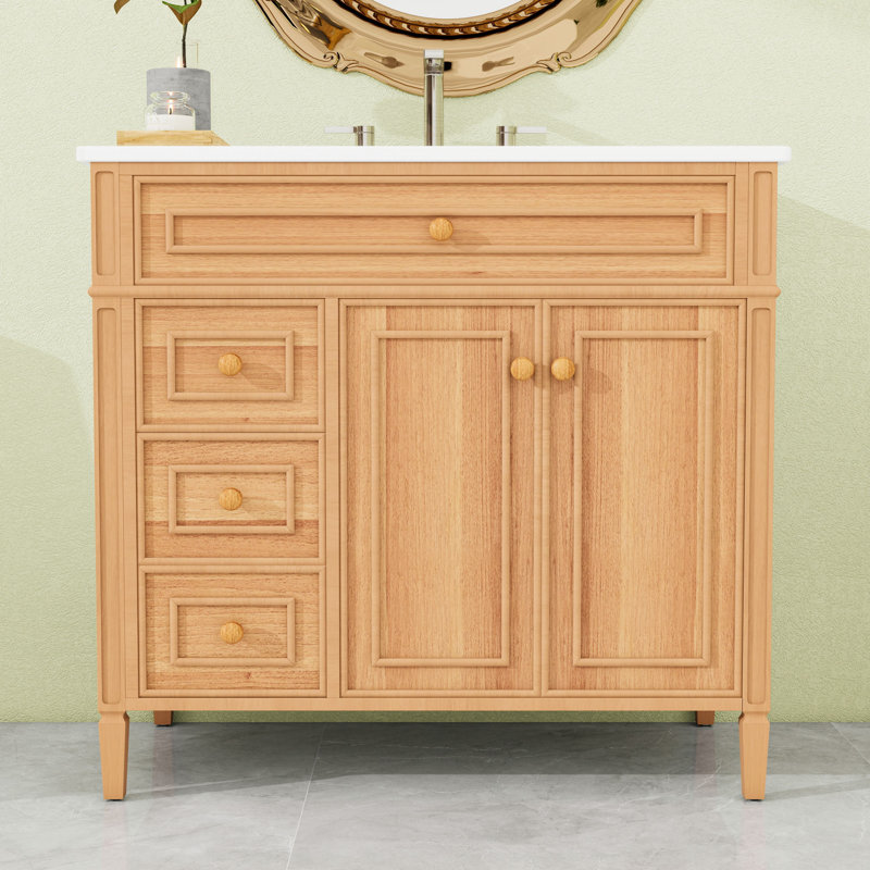 Meuble-lavabo de salle de bain avec lavabo en céramique, tiroir rabattable, portes à fermeture en douceur et tablettes réglables