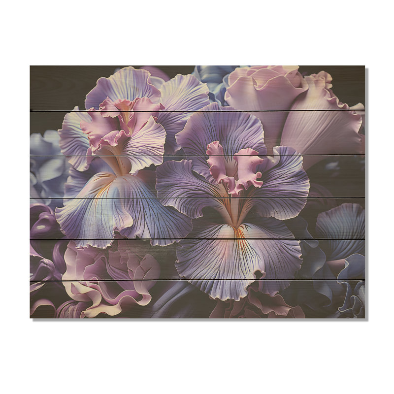 Minuit mauve iris sérénité dévoilé I - iris, art mural sur bois de pin naturel, H 30 po x l 40 po
