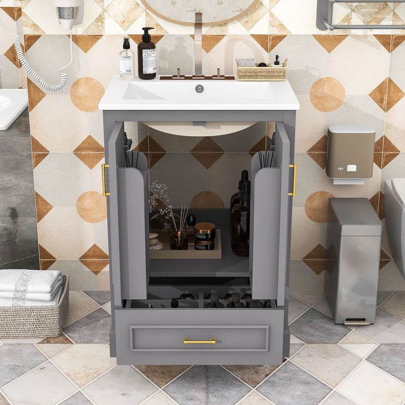 Compact Bathroom Vanity with Ceramic Sink, Drawer and Storage Cabinet, Grey