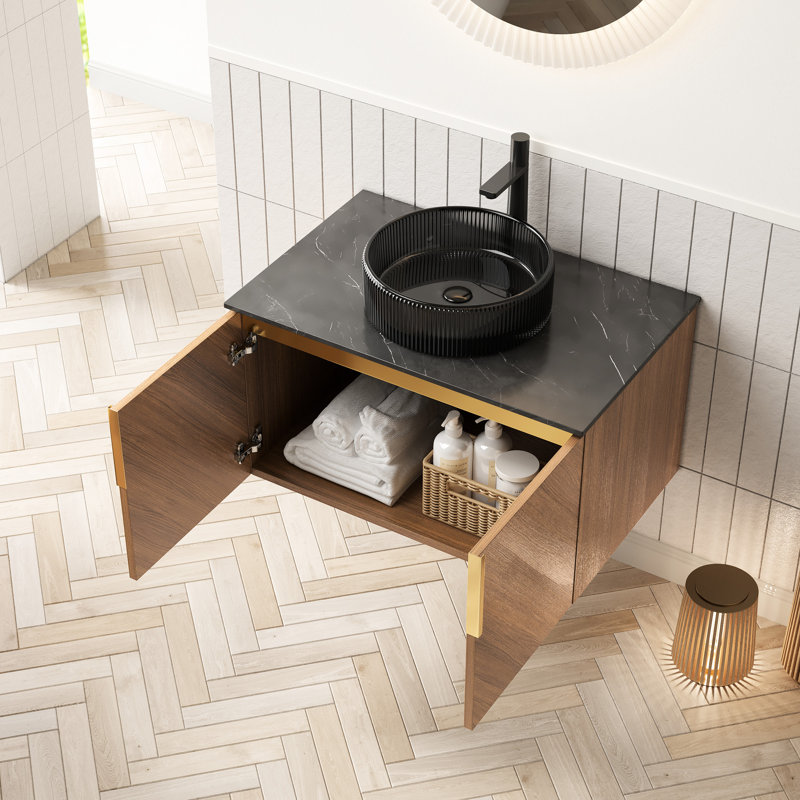 Meuble-lavabo de 30 po: portes doubles, lavabo en verre noir transparent, teinture grande capacité