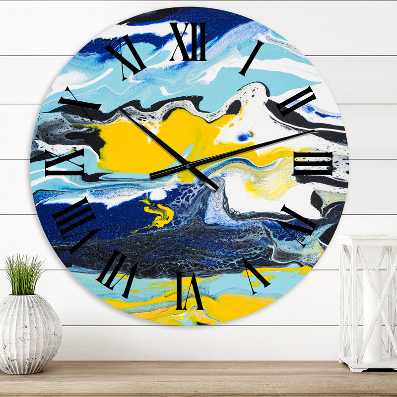 Composition abstraite de marbre jaune et bleu II - horloge murale moderne, Surdimensionné
