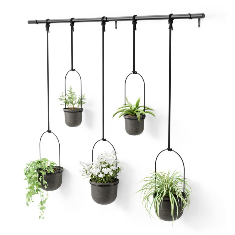 Black Adjustable Hanging Planter Set with Recycled Pots