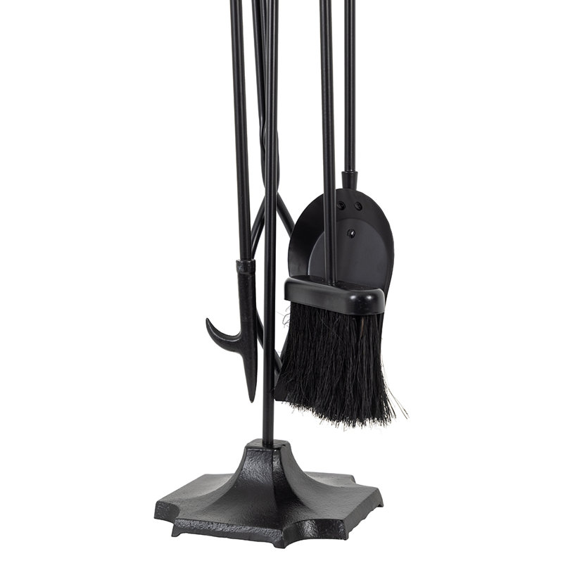 Modern Black Steel 5-Piece Fireplace Tool Set with Stand