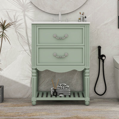Meuble-lavabo de salle de bain avec lavabo en céramique, armoire de rangement de salle de bain à conception rétro élégante avec deux tiroirs et une tablette inférieure ouverte