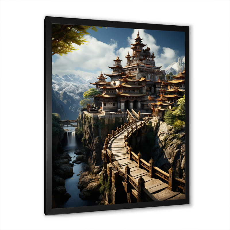 Art asiatique, monastère tibétain II - Impression sur toile asiatique, H 20 po x l 12 po x P 1 po, Cadre photo noir