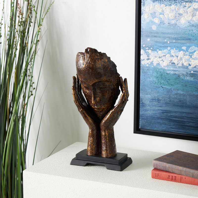 Brown Polystone Mask Thinker Decorative Sculpture, 5" x 8" x 16"