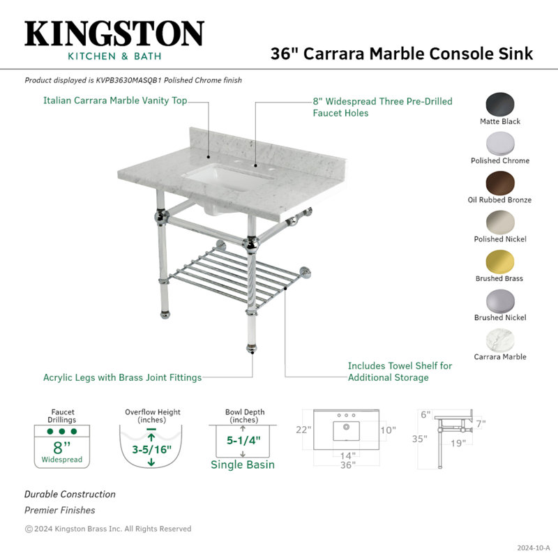Kingston Brass Templeton 36-Inch Carrara Marble Console Sink with Acrylic Legs and Shelf (8-Inch, 3-Hole), Brushed Nickel