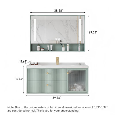 Meuble-lavabo en bois d'hévéa massif avec lavabo en céramique intégré, portes vitrées et armoire à pharmacie intelligente