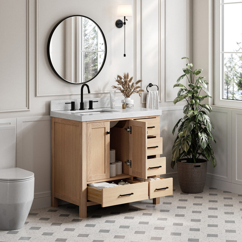 Ariel Cambridge 36 In. Left Offset Vanity With 2 In. Carrara Marble Countertop, Oak
