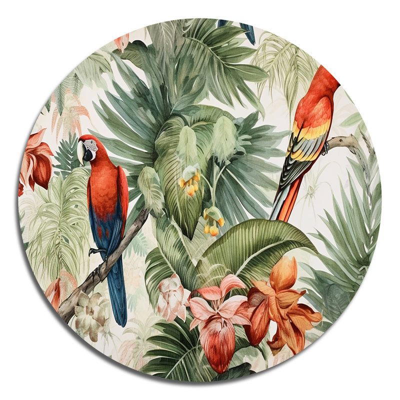 Perroquet au paradis I - animaux, art en métal rond, H 16 po x l 16 po