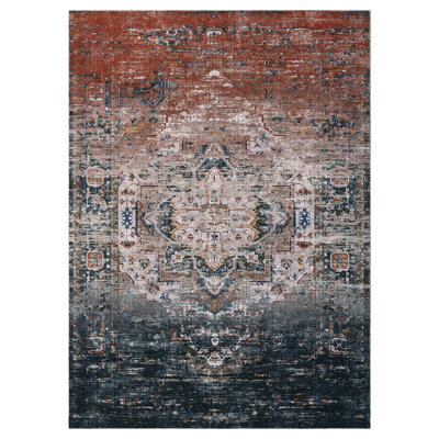 Tapis lavable rétro dégradé - antidérapant, tapis à poils courts délavé ultra-mince pour salon, chambre à coucher, salle à manger, vestibule, bureau - bleu / orange, 8 x 10 pi, États-Unis