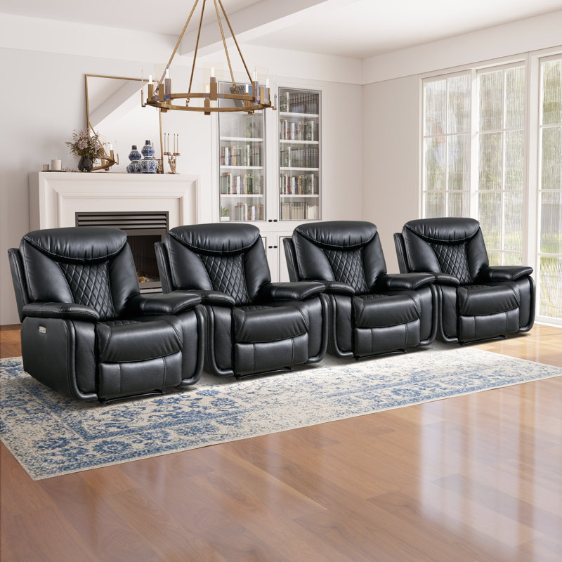 40.6" Wide Modern Diamond Home Theater Recliner With Power Button And USB (Set of 4), Black Faux Fur