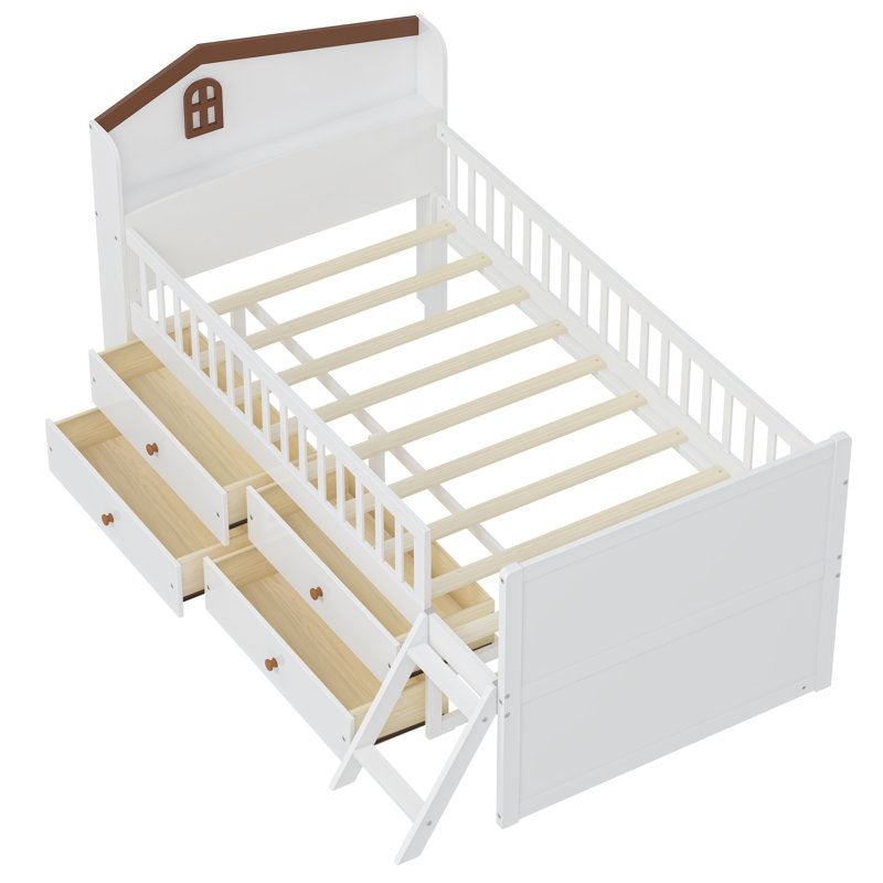 Lit simple avec 4 tiroirs, tête de lit et échelle de rangement, Blanc