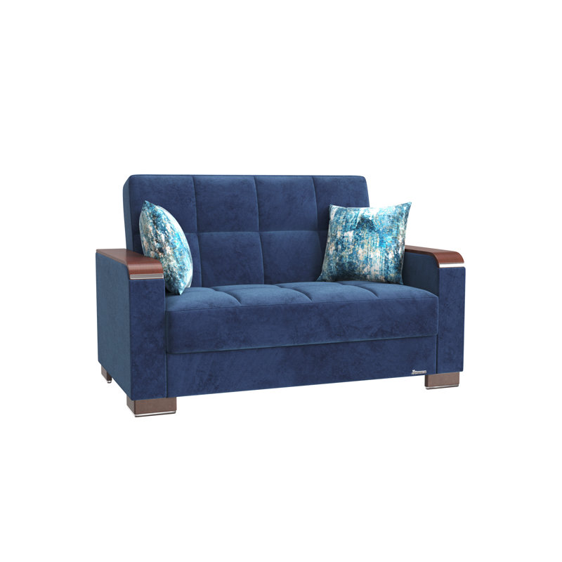 Causeuse rembourrée avec garniture en bois rembourrée avec rangement, microfibre, Bleu
