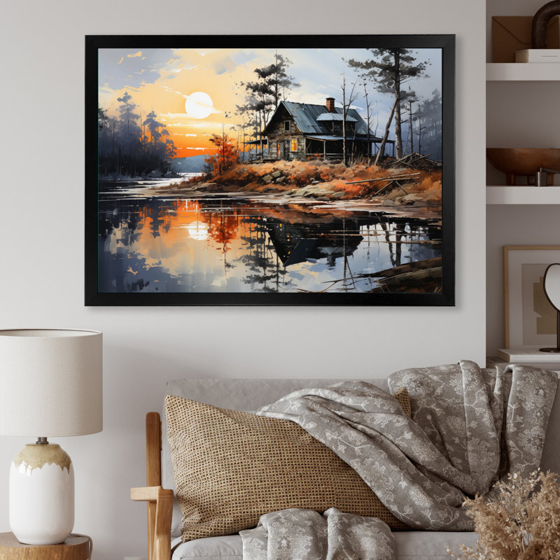 Yellow Lakehouse Reflections Of Serenity II sur impression sur toile, H 12 po x l 20 po x P 1 po, Cadre photo noir