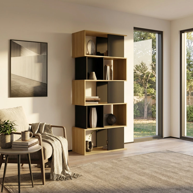 Shively 35.4" Bookcase with Matte Finish, Oak/Black