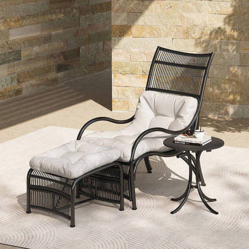 3 Pieces Wicker Outdoor Patio Furniture Set With Lounge Chair, Balcony Chairs Table Set With Cushions, Ottoman, Patio Conversation Sets For Garden ,Deck,And Porch, Black & Beige
