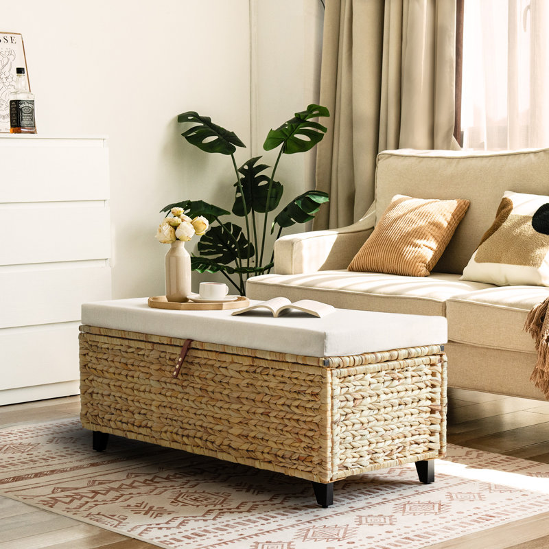 Leimomi 43.3" Flip Top Wicker Upholstered Storage Bench with Detachable Cushion, Brown