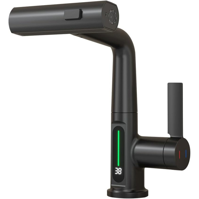 Pull Out Bathroom Basin Faucet Single Handle LED Temperature Display Faucet with Adjustable Height