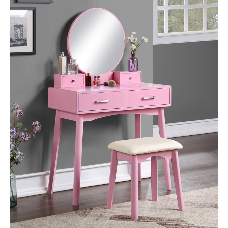 Coiffeuse et tabouret en bois rose - Aspect contemporain avec cadre de tiroir en métal, Rose