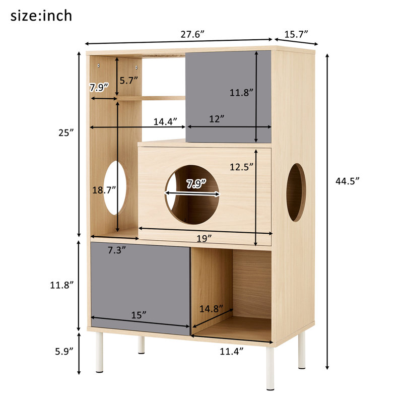 Armoire de rangement Modern Cat - option tendance, naturel et blanc, 16,03 po Largeur, poids de 68,47 lb, profondeur de 28,34 po, hauteur de 42,52