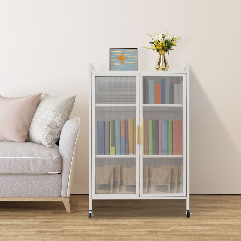 4-Tier Kitchen Storage Cabinet with Doors, Mobile Microwave Stand & Pantry Organizer with Adjustable Shelves, Steel Utility Cart with Wheels for Living Room, Office