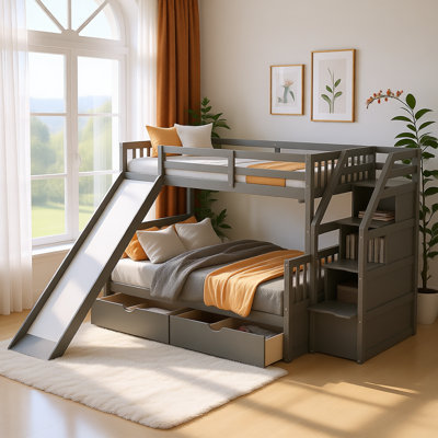 Twin over Full Bunk Bed with Slide, Drawers and Storage Shelves, Convertible Ladder, Safety Guardrails, Space-Saving Multifunction Design, Gray