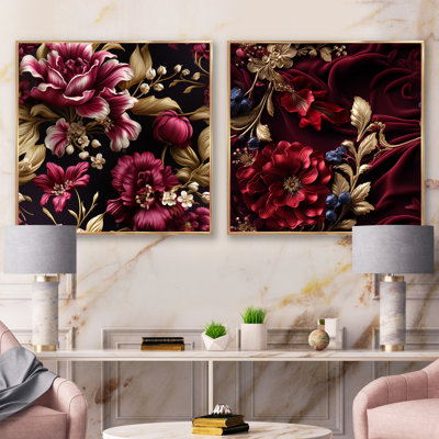 Regal bourgogne fleurs majestueux Elegance III - ensemble de 2 collages carrés abstraits