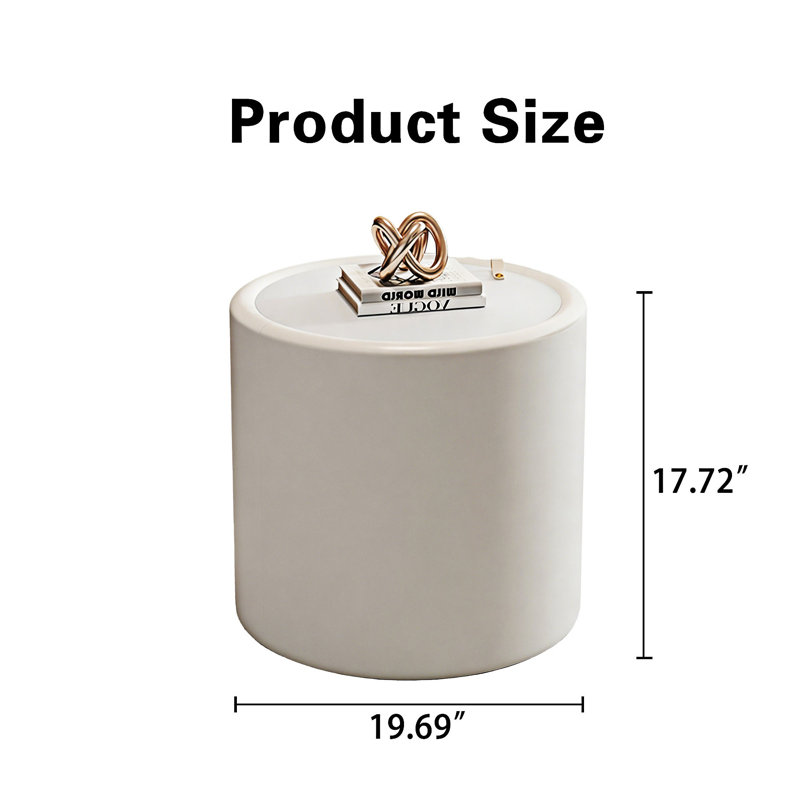 Table basse ronde avec rangement caché, H 17,73 po x l 19,7 po x P 19,7 po, Blanc, crème