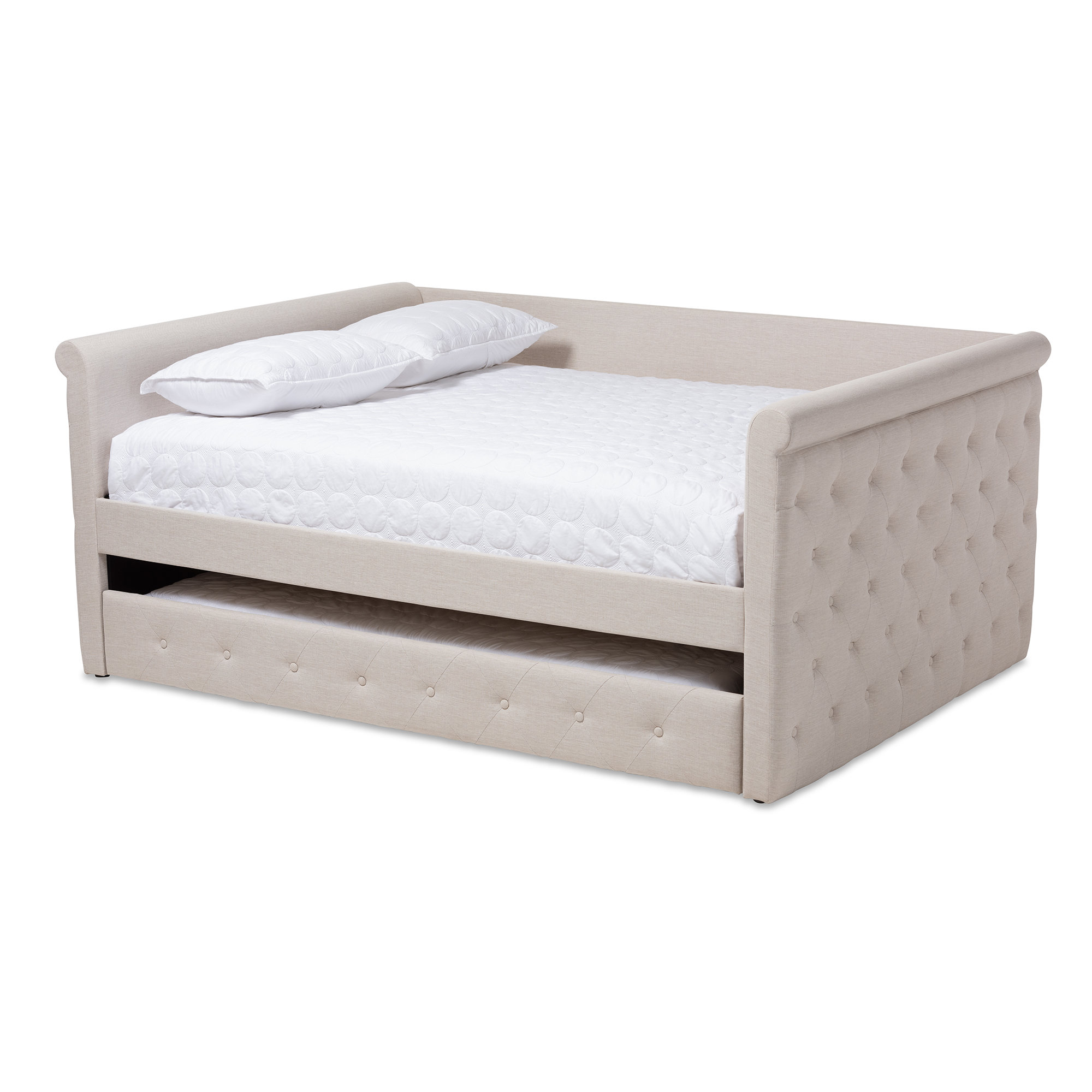 Samitha Upholstered Daybed with Trundle, Full, Light Beige Velvet