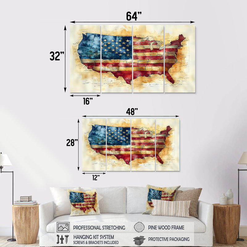 Kysa - USA Wall Wall Art - ensemble d'art mural moderne 4 pièces, H 28 po x l 48 po