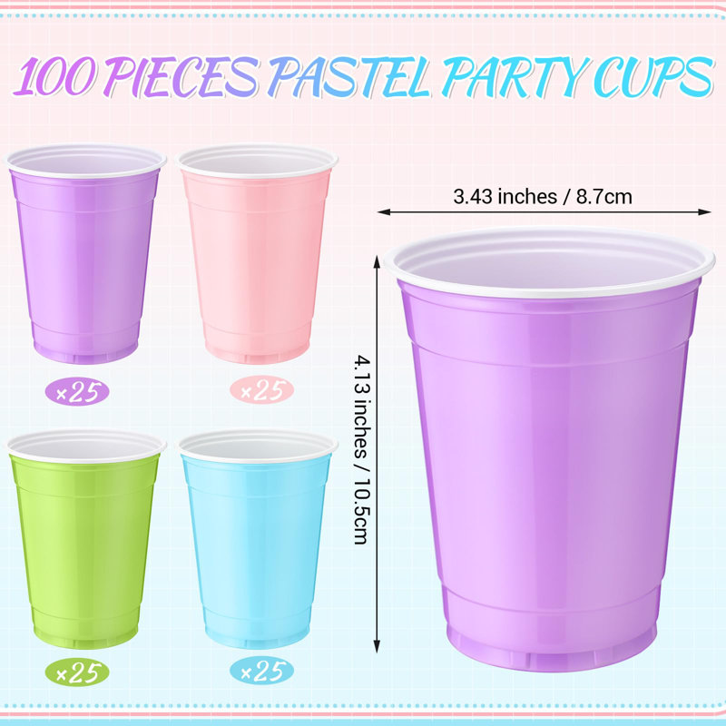 100 Pcs 12 Oz Disposable Plastic Party Cups, Rainbow Color Drinking Cups, Durable & Lightweight Reusable For Parties, Holidays, Events & Home Use (Pastel)
