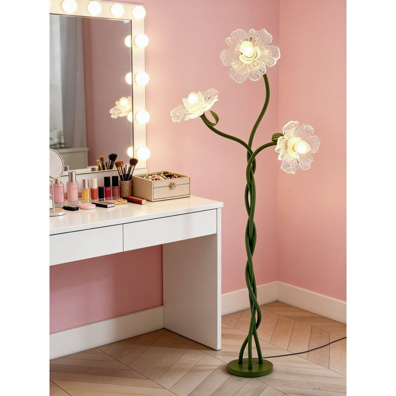 Lampe de plancher réglable à col de cygne avec 3 têtes de lumière et abat-jour en fleurs - 3 températures de couleur pour le salon, la chambre à coucher ou l'éclairage de coin de bureau